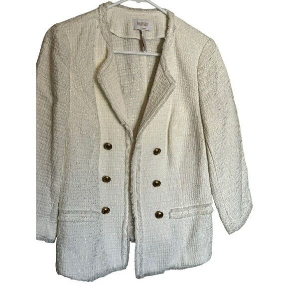 Laundry By Shelli Segal Blazer Women's 10 White Ivory Fringe Open Gold Buttons - Picture 2 of 9
